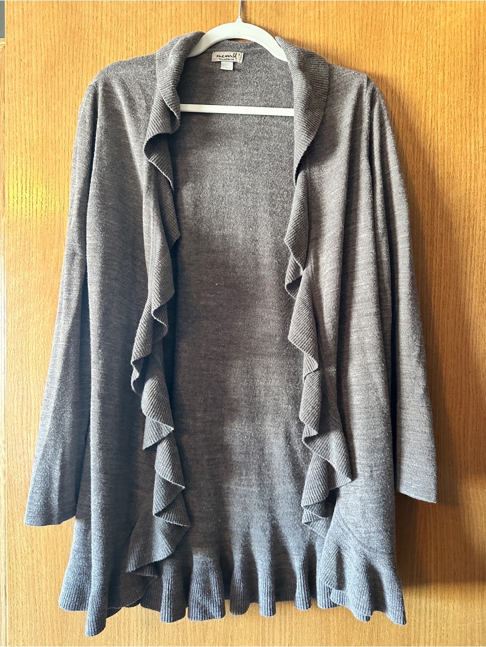 One World Beige/Tan Ruffle Waterfall Open Front Cardigan Sweater Size Large